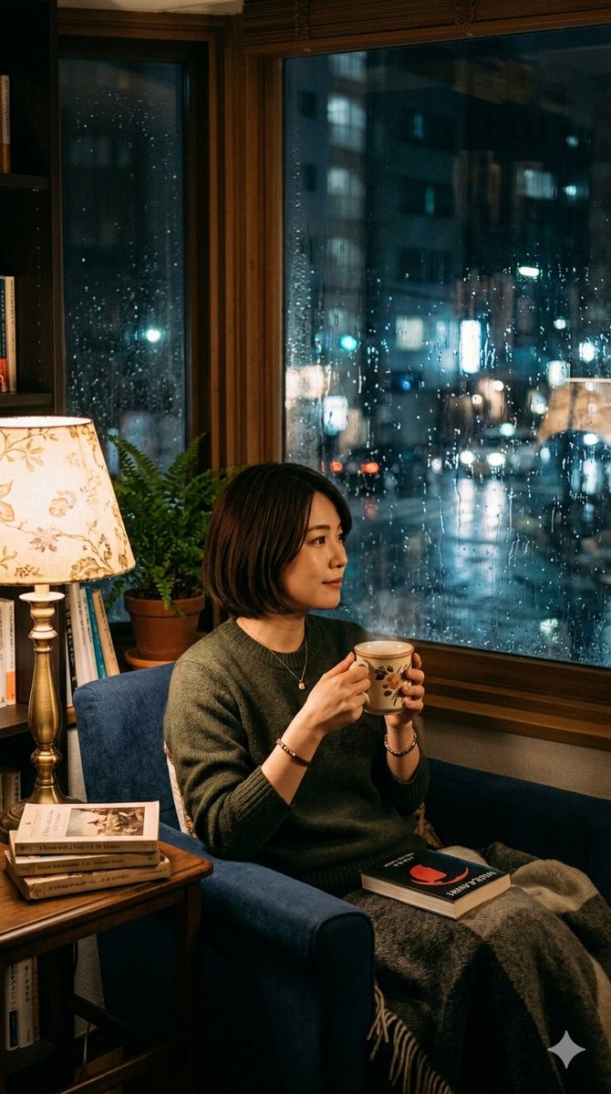 Cozy Rainy Night Indoor Portrait — example 1