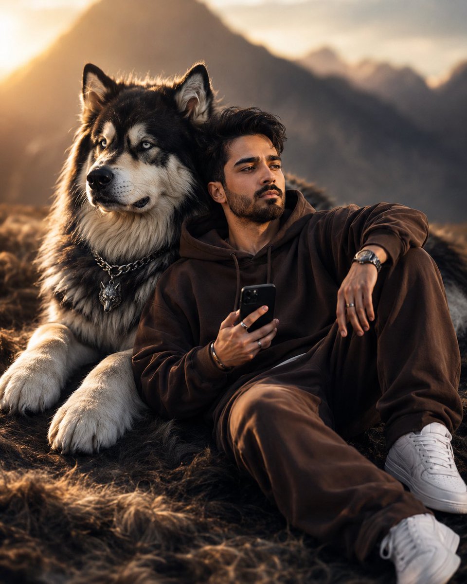 Cinematic Man and Giant Wolf Companion — example 1