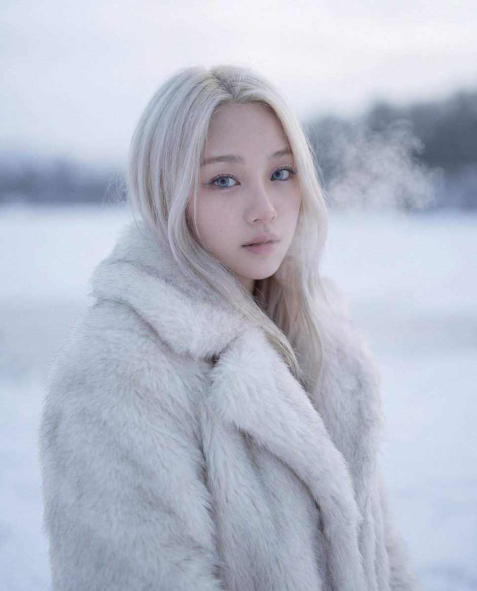 Cinematic Platinum Blonde Winter Portrait — example 1