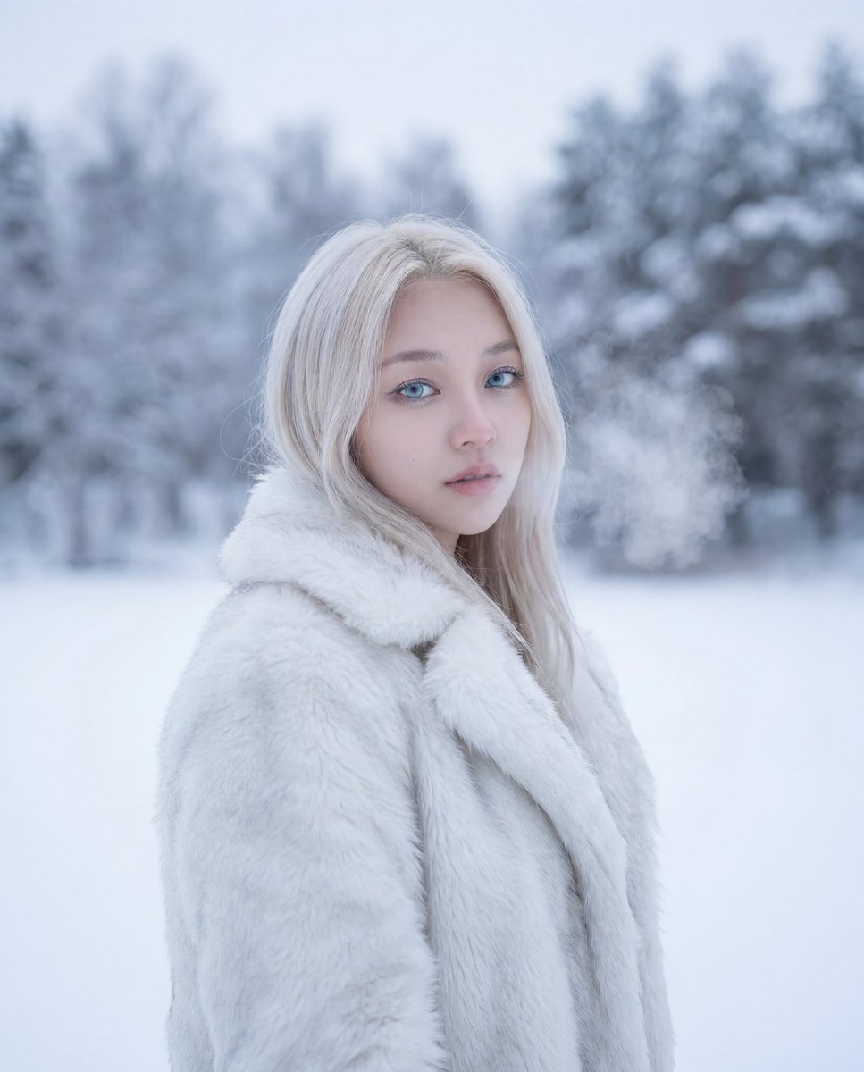 Cinematic Platinum Blonde Winter Portrait — example 2