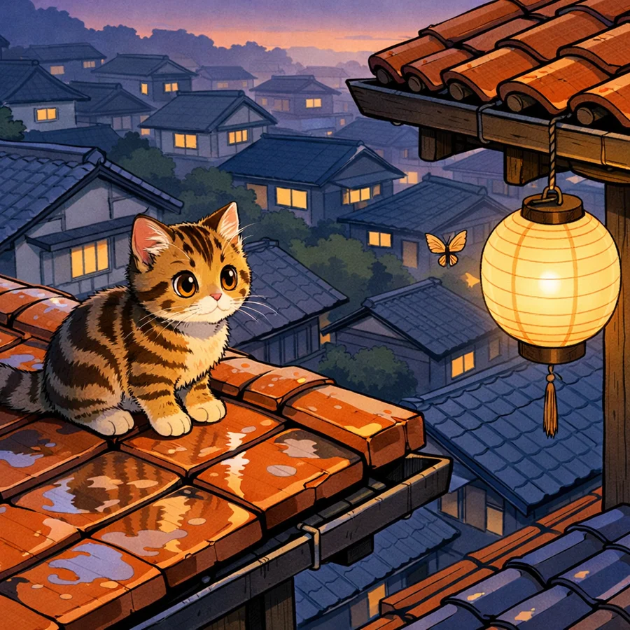 Tabby Kitten on Rain-Wet Rooftop — example 1