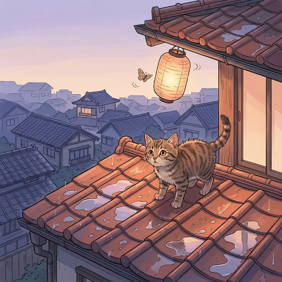 Tabby Kitten on Rain-Wet Rooftop — example 2