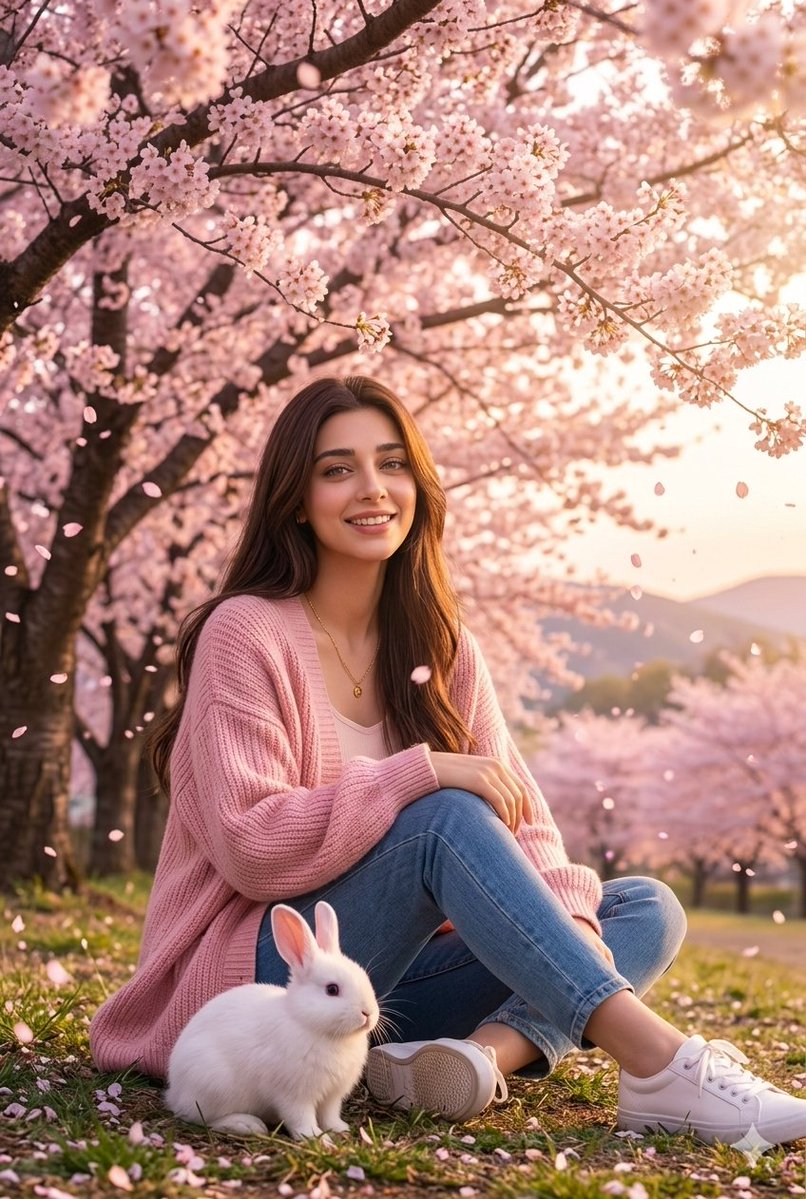 Woman with Rabbit in Cherry Blossom Garden — example 1