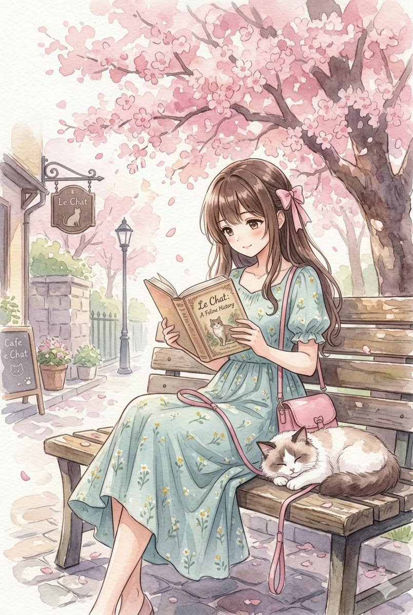 Watercolor Anime Girl Reading Under Cherry Blossoms — example 1