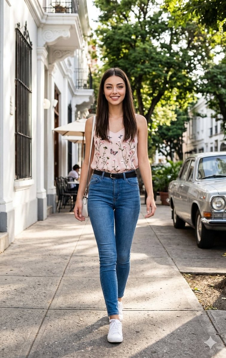 Woman Walking on City Sidewalk — example 1