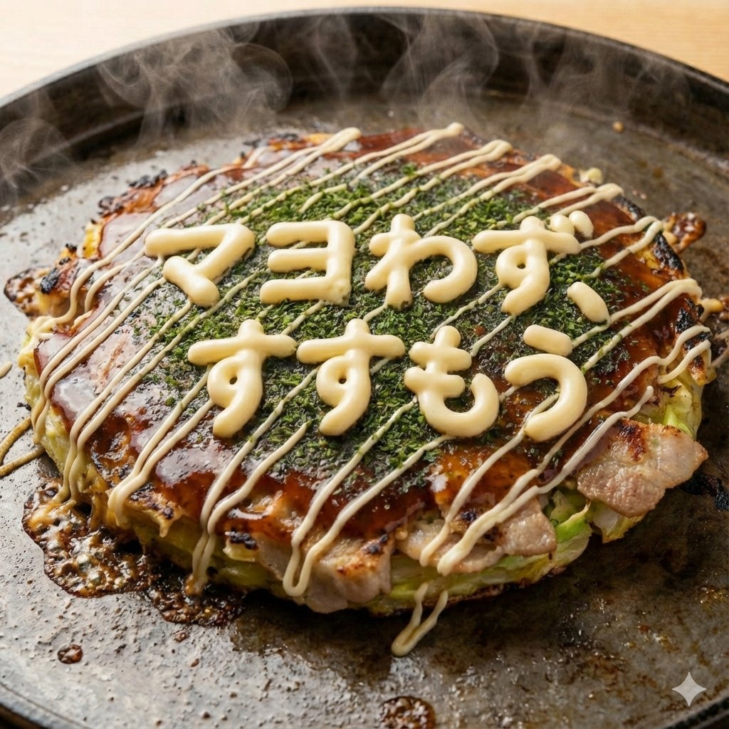 Close-up 1:1 image of hot okonomiyaki — example 1