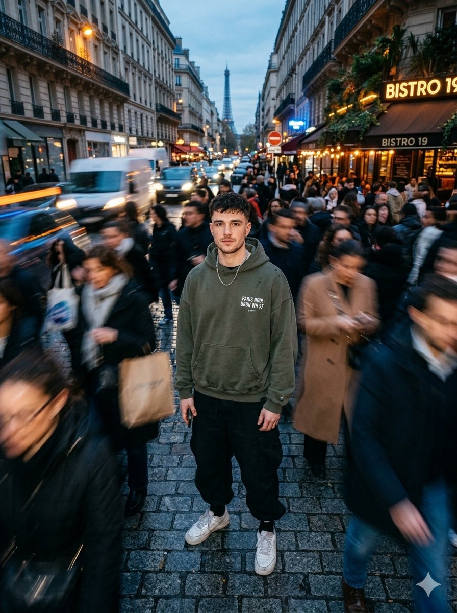 Streetwear Model in Paris Crowd — example 1