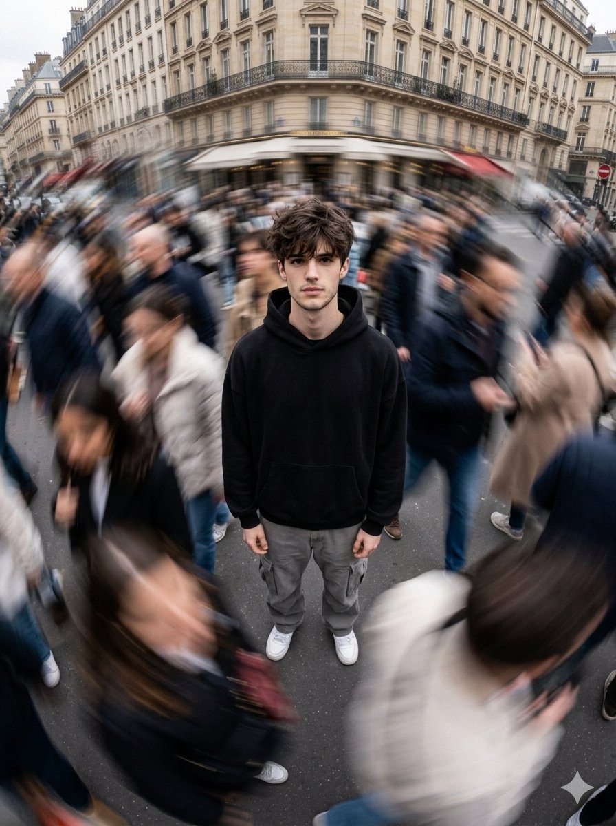 Streetwear Model in Paris Crowd — example 2