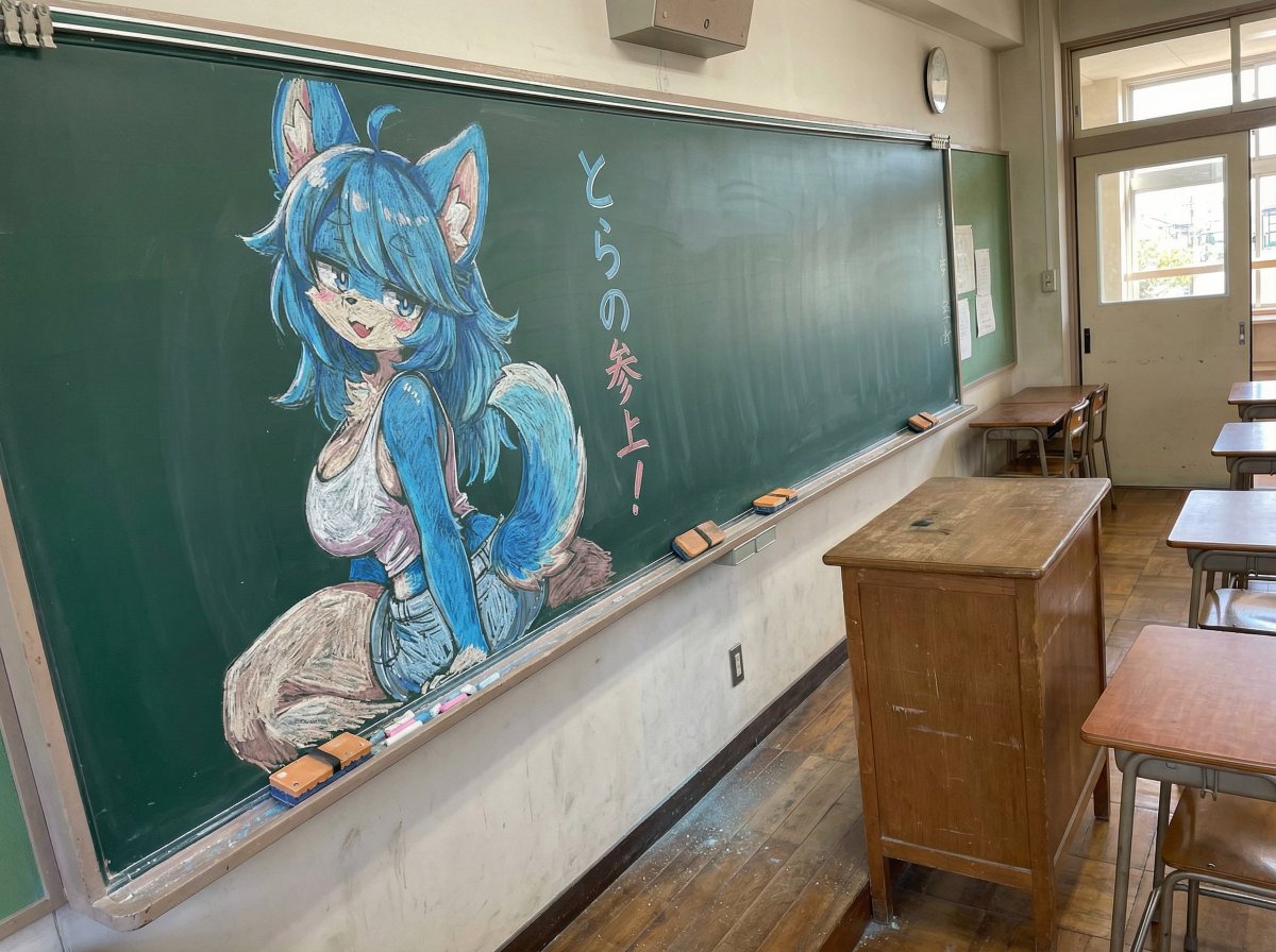 Chalk drawing of an illustration on a classroom blackboard — example 1