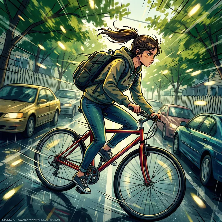 Girl Cycling City Illustration — example 1