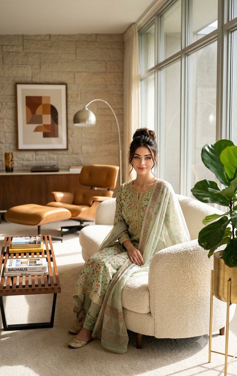 Mid-Century Modern Interior Girl Portrait — example 1