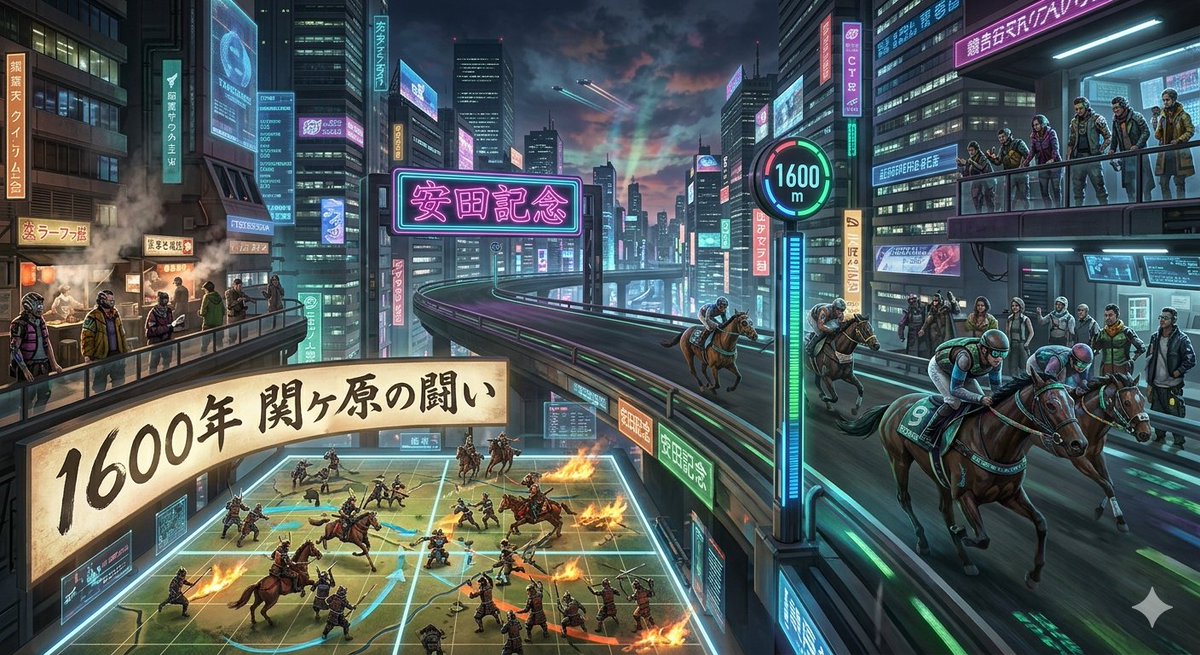 Cyberpunk Historical Horse Racing — example 1