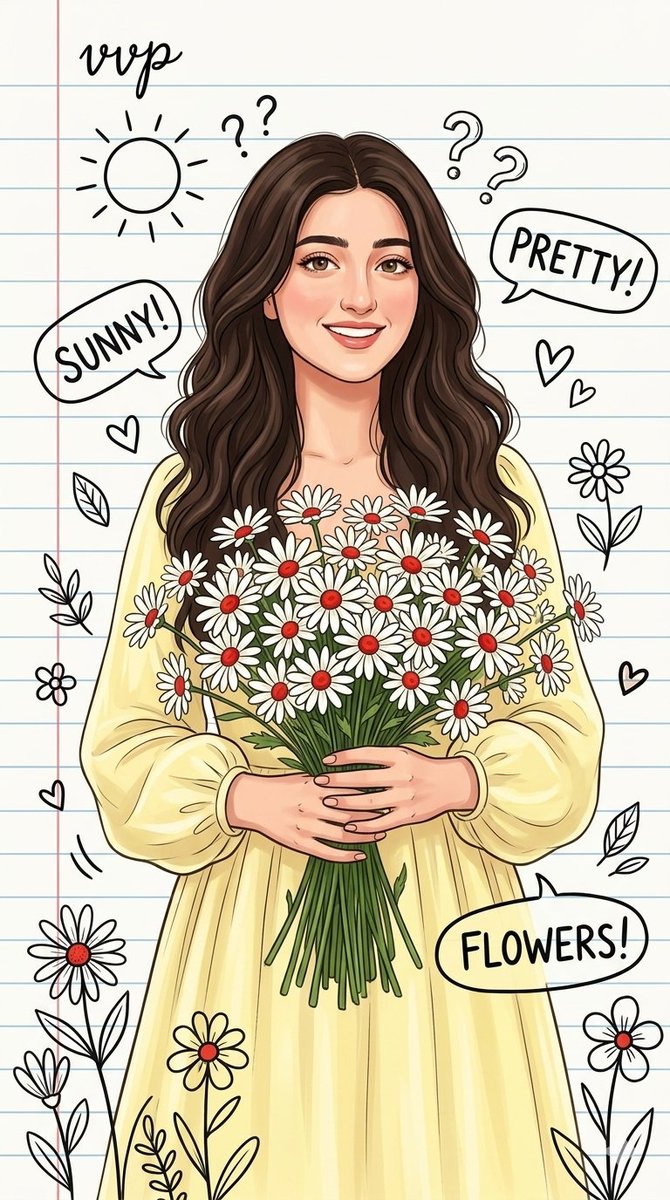 Lined Paper Illustration of Woman with Daisies — example 2