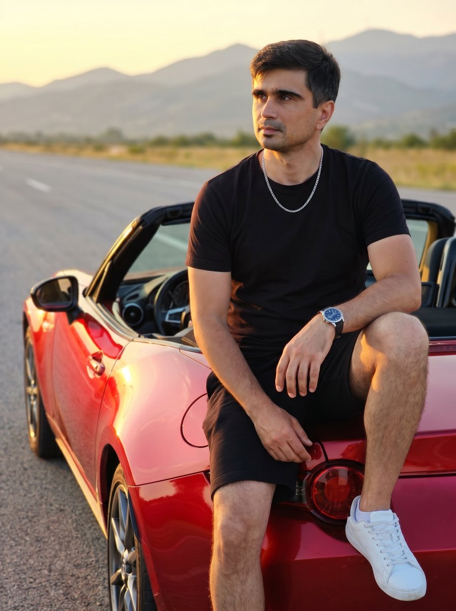 Man on Red Convertible Sports Car — example 1