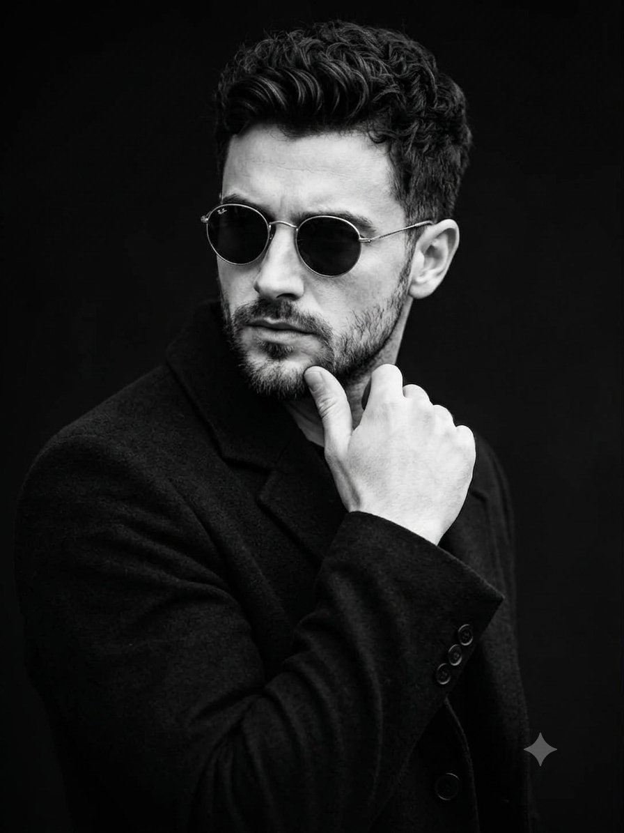 Cinematic Male B&W Studio Portrait — example 1