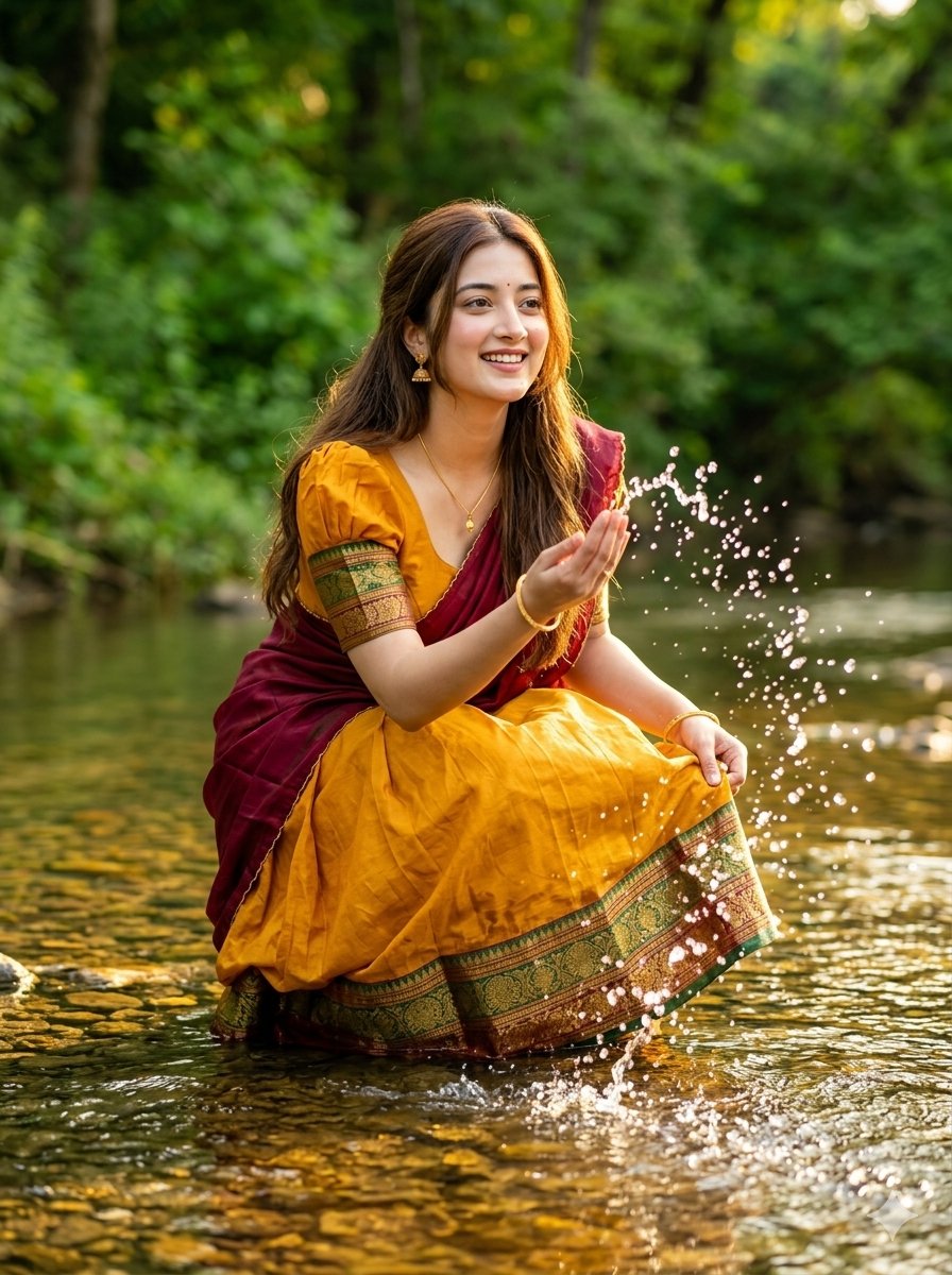 Joyful Forest River Saree Portrait — example 1