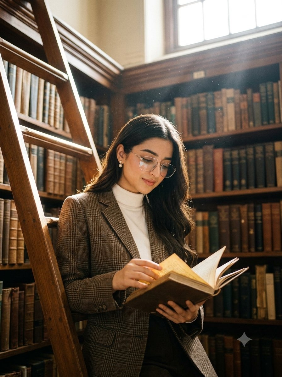 Dark academia library portrait