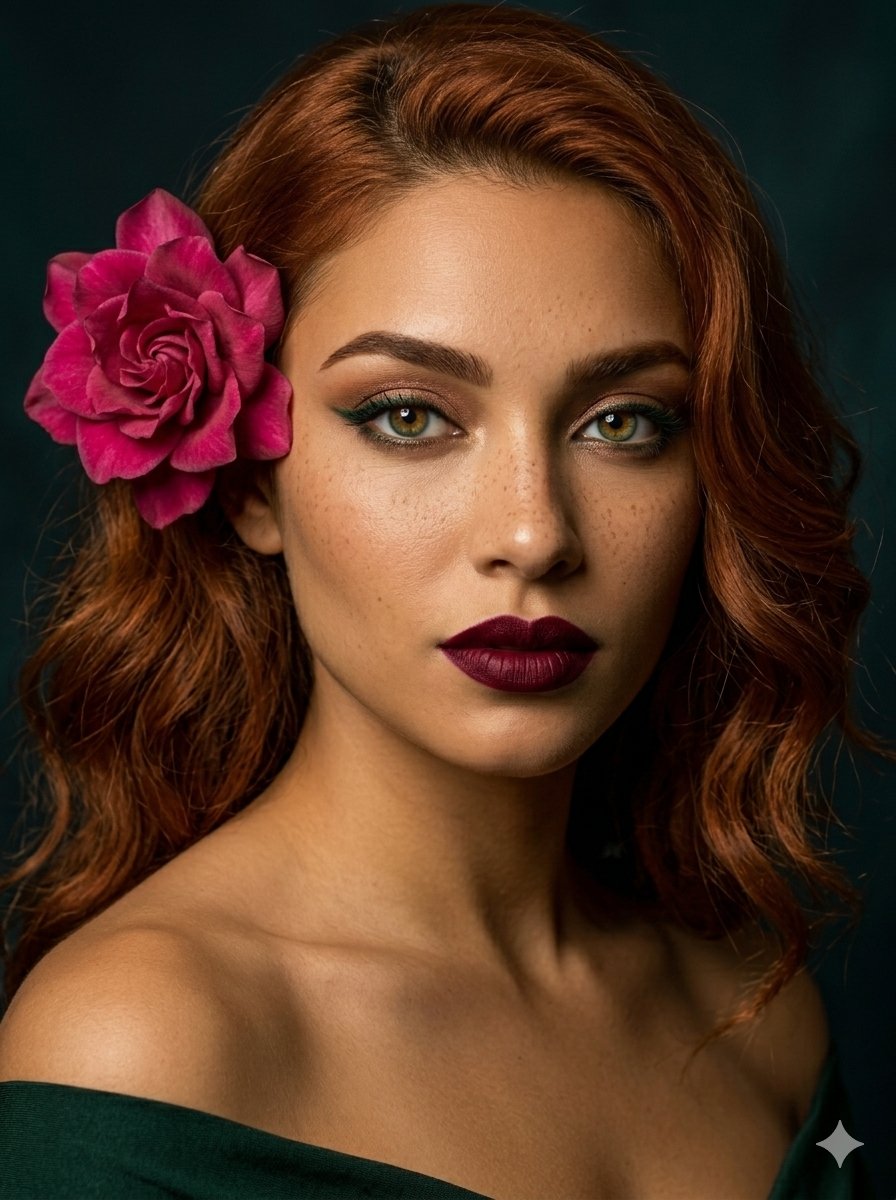 Auburn Portrait with Camellia Flower — example 1