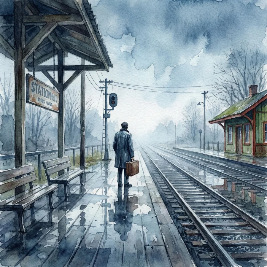 Rainy Train Station Watercolor — example 1