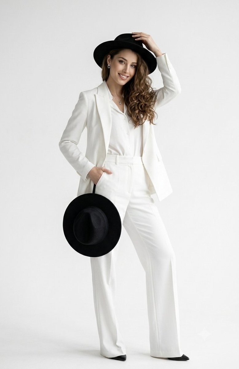 Elegant White Pantsuit Studio Portrait — example 1