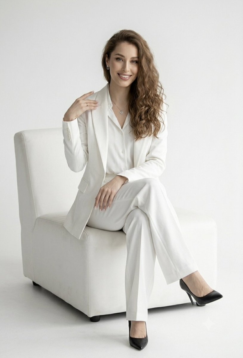 Elegant White Pantsuit Studio Portrait — example 3