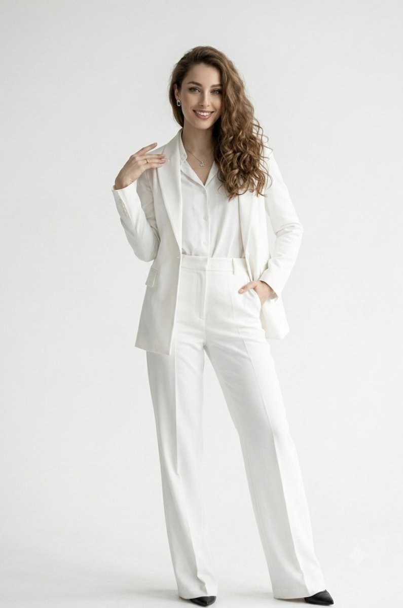 Elegant White Pantsuit Studio Portrait — example 4