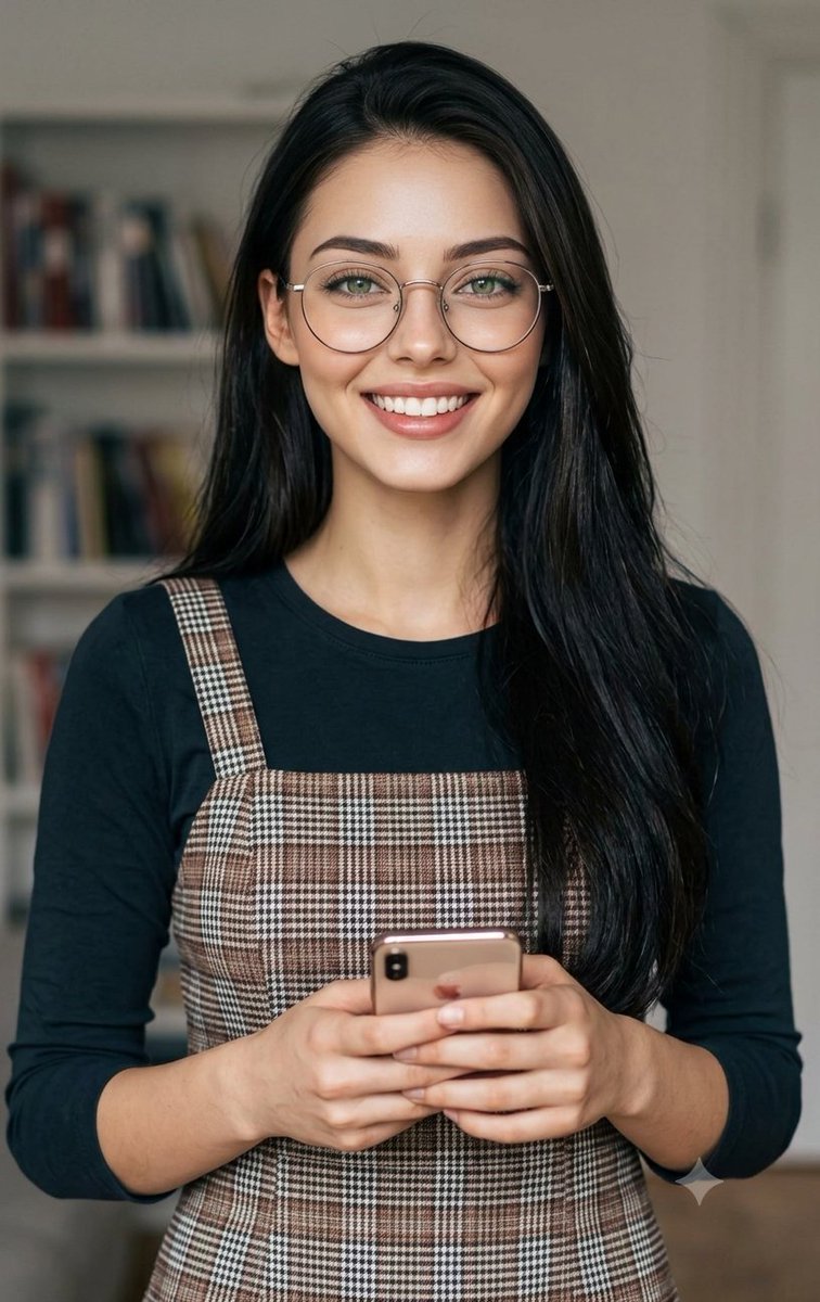 Cozy Indoor Portrait with Plaid Pinafore — example 1