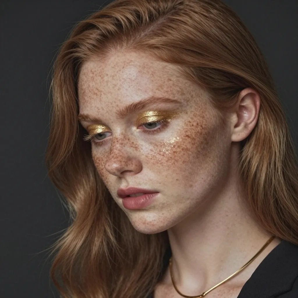 Freckled Model Gold Makeup Portrait — example 1