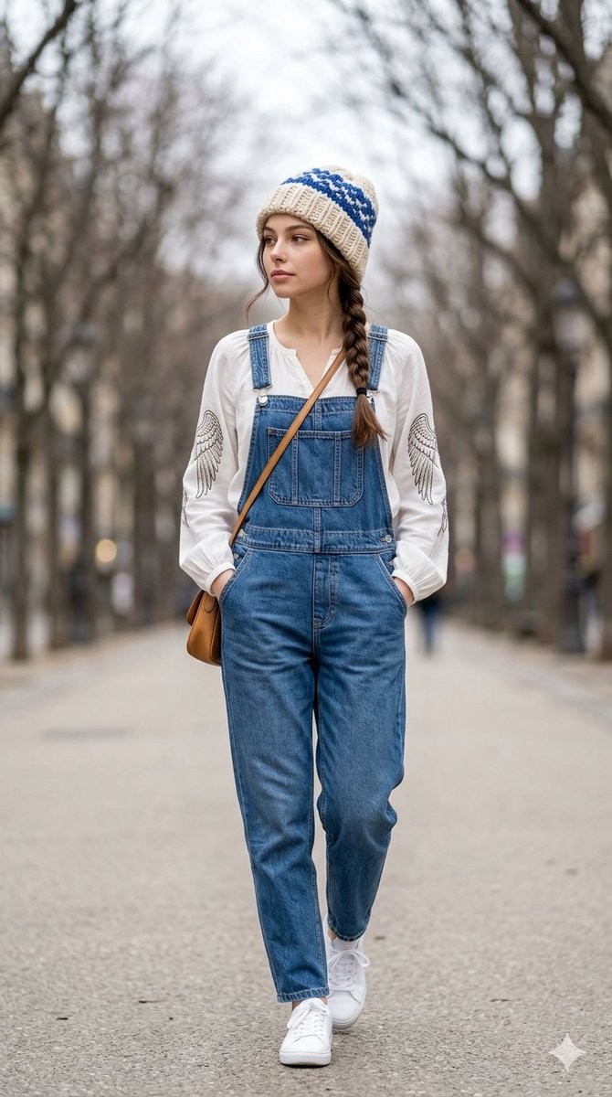 Street Fashion Walk in Denim Overalls
