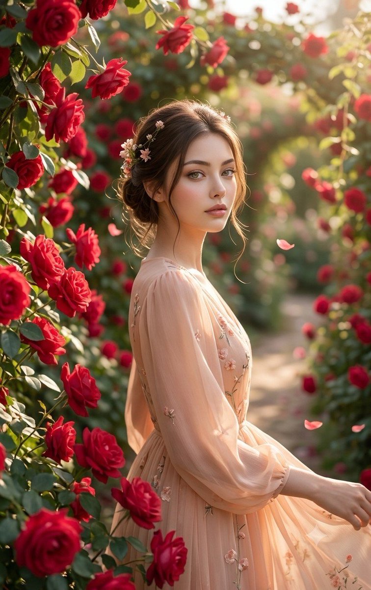 Korean Girl in Red Rose Garden — example 1
