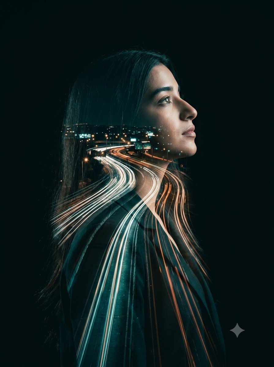 Double-Exposure Highway Portrait — example 1