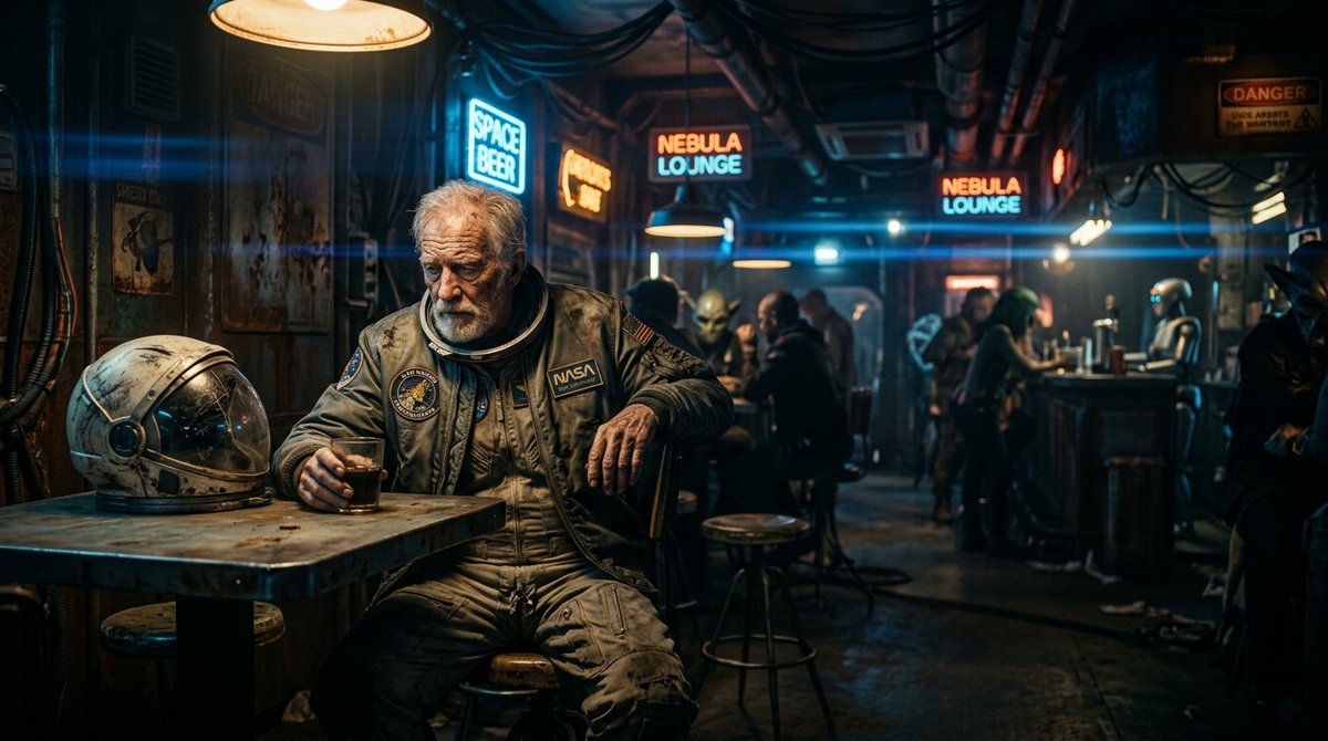 Old Astronaut in Futuristic Bar — example 1