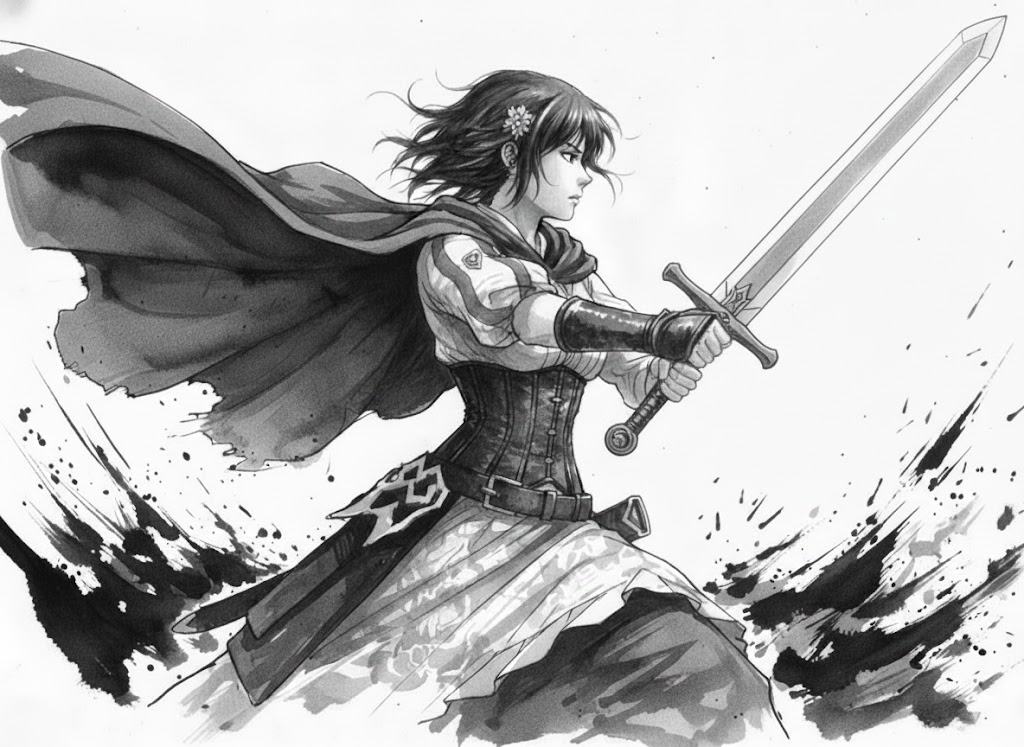 Ink painting style Abé-chan with a sword — example 1