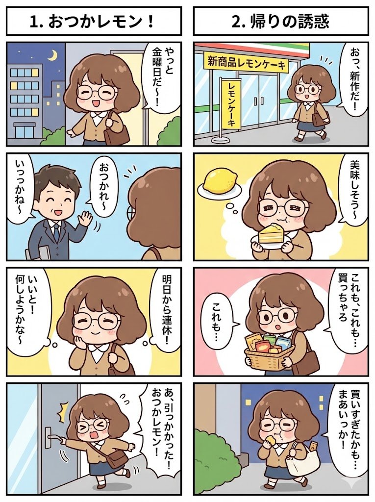 Connected series of four-panel manga strips — example 1