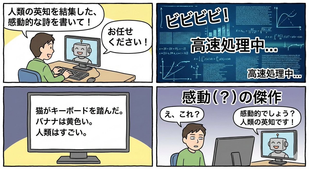 Four-panel satirical manga about generative AI — example 1