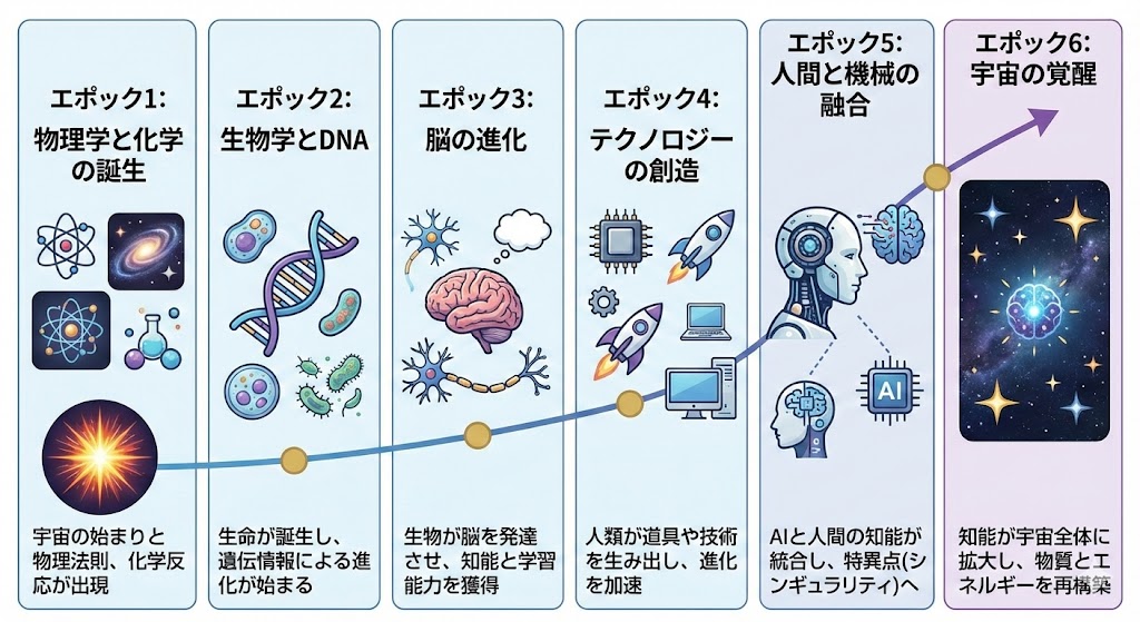 Illustration explaining Kurzweil’s six epochs in Japanese — example 1