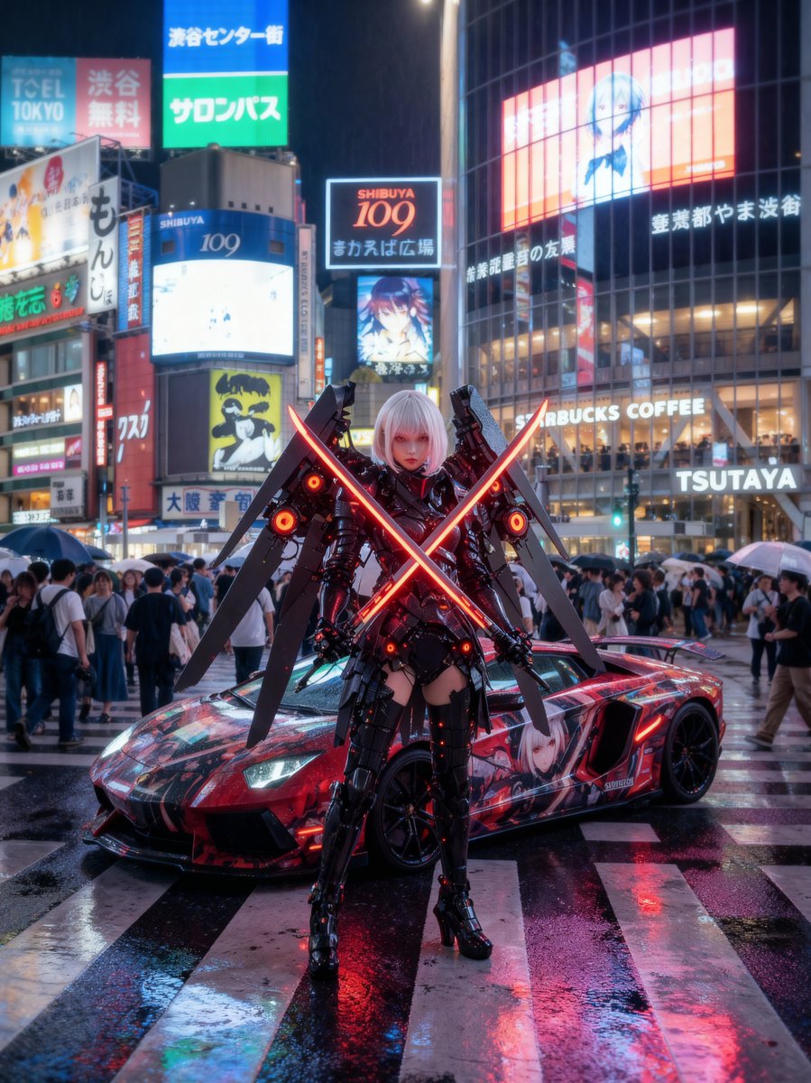 Cosplayer with itasha at Shibuya Scramble Crossing — example 1