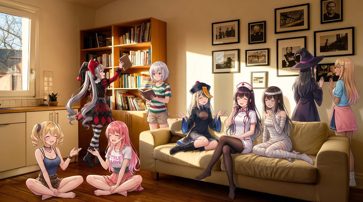 Nine-character group scene in living room background — example 1