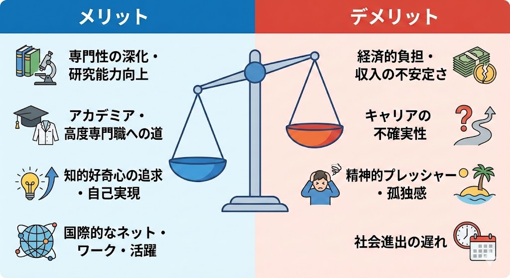Diagram explaining pros and cons of D-course graduate study — example 1