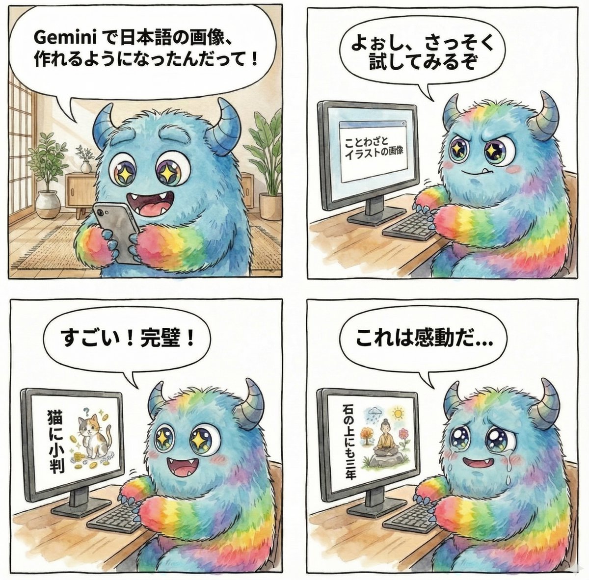 4-panel manga about Gemini generating Japanese text images — example 1