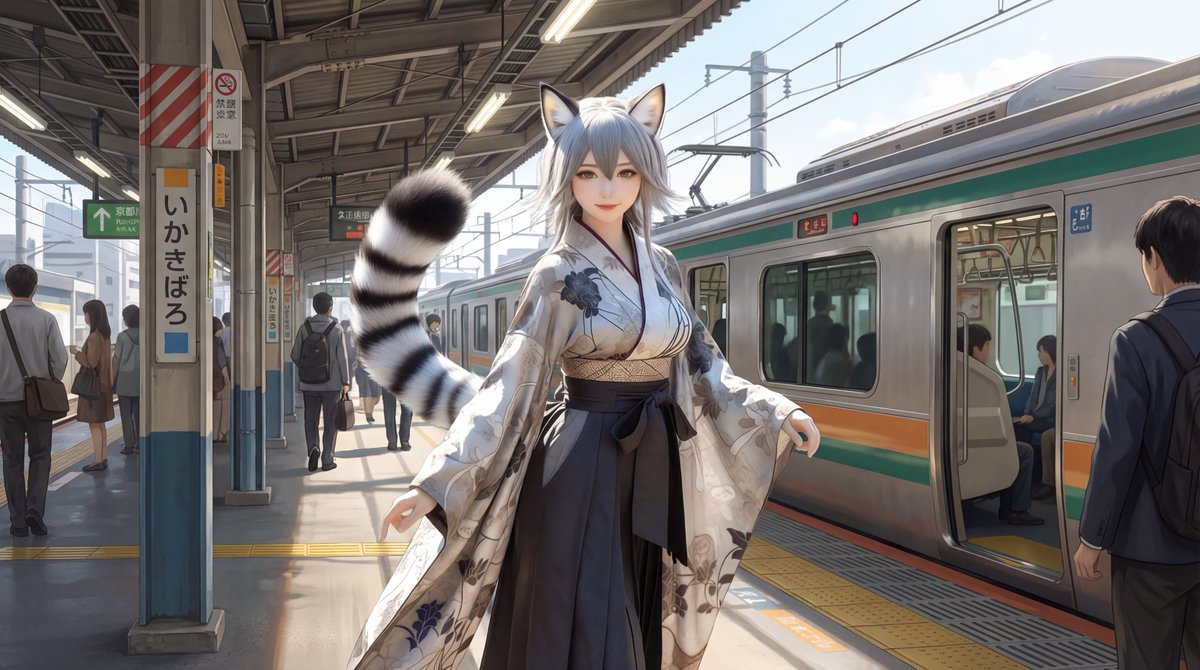 Character on Japanese train platform with matched lighting — example 1