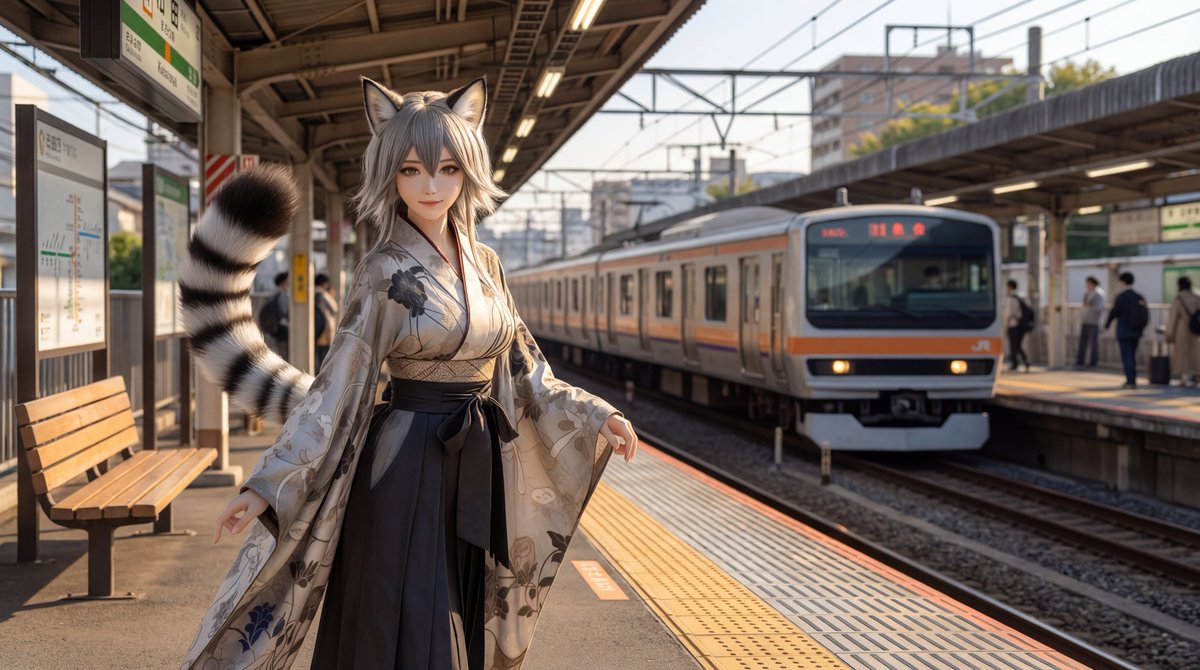 Character on Japanese train platform with matched lighting — example 2