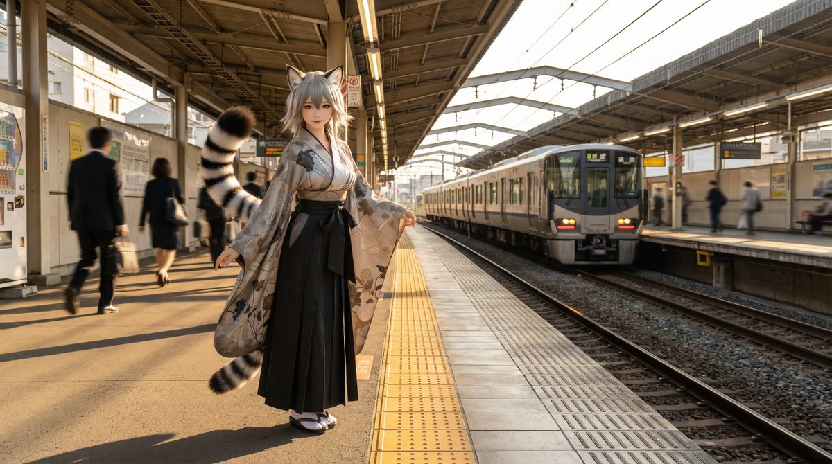 Character on Japanese train platform with matched lighting — example 3