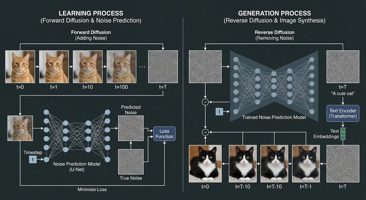Diffusion model process diagram with cat and noise images — example 1