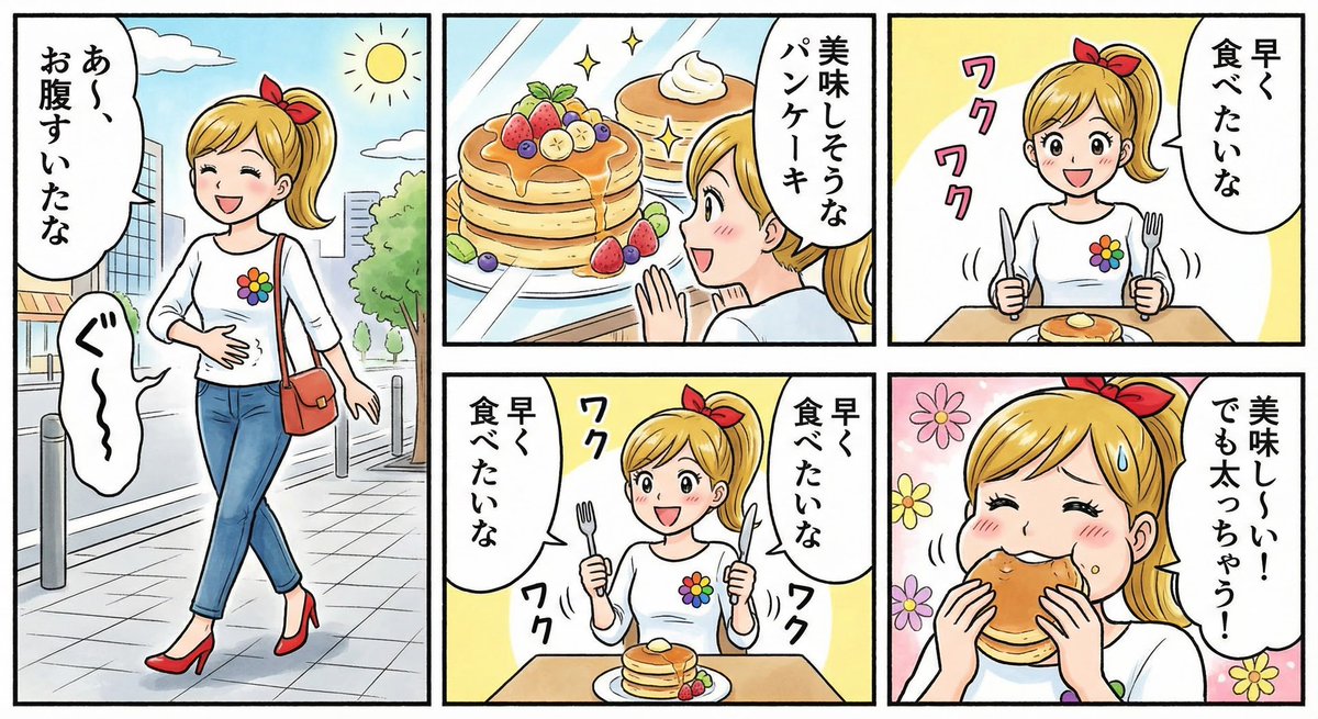 Four-panel manga about a hungry woman and pancakes — example 1