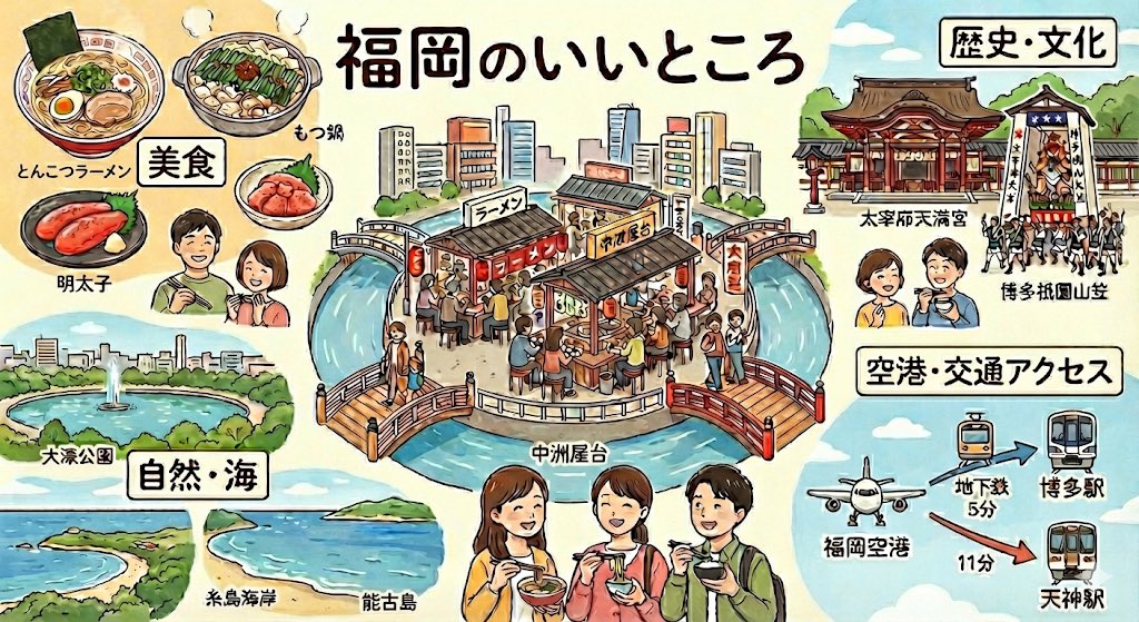 Summarize Fukuoka’s good points in one image — example 1