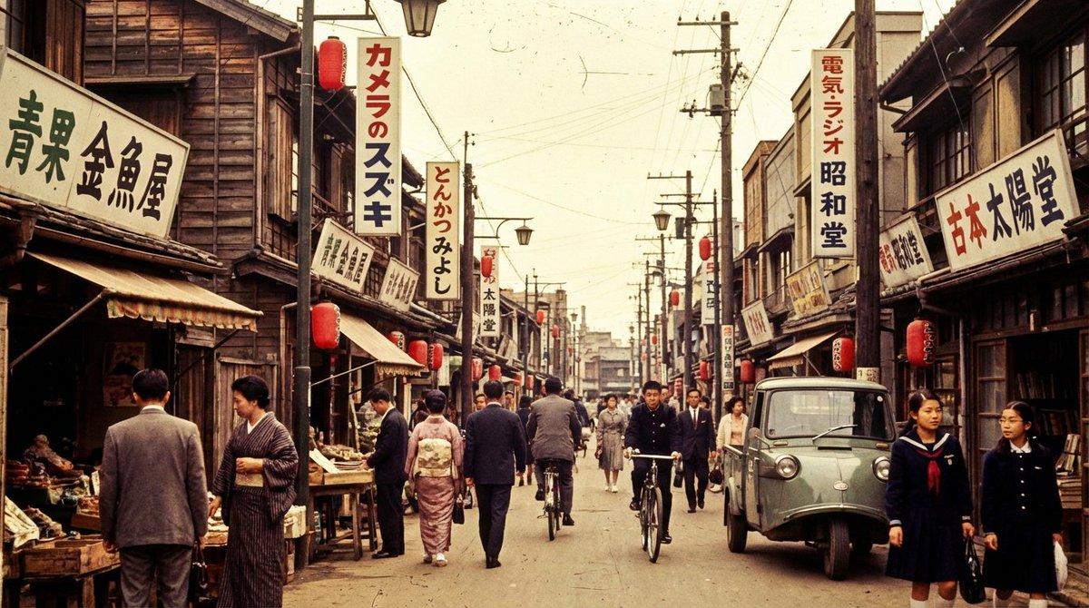 High economic growth era Japanese downtown shopping street — example 1