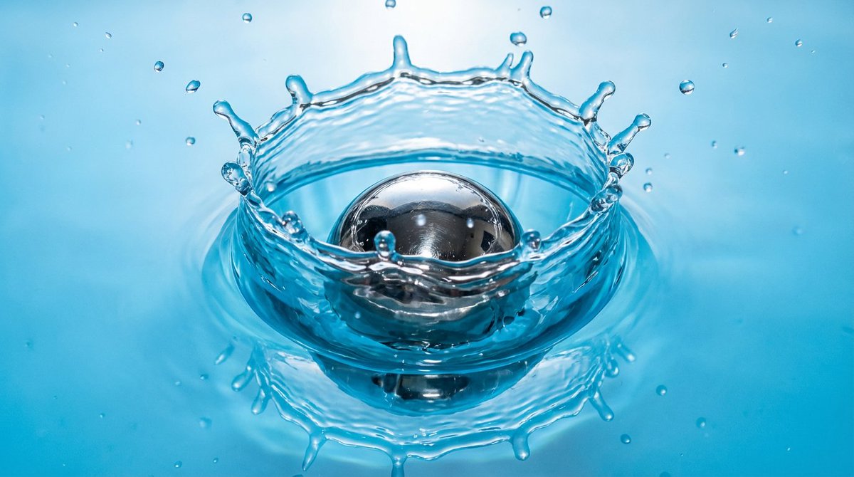 Metal ball splashing into water (slow-motion feel) — example 1