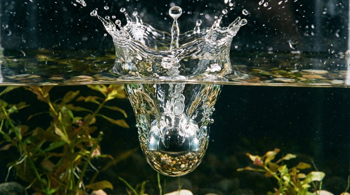 Metal ball splashing into water (slow-motion feel) — example 2