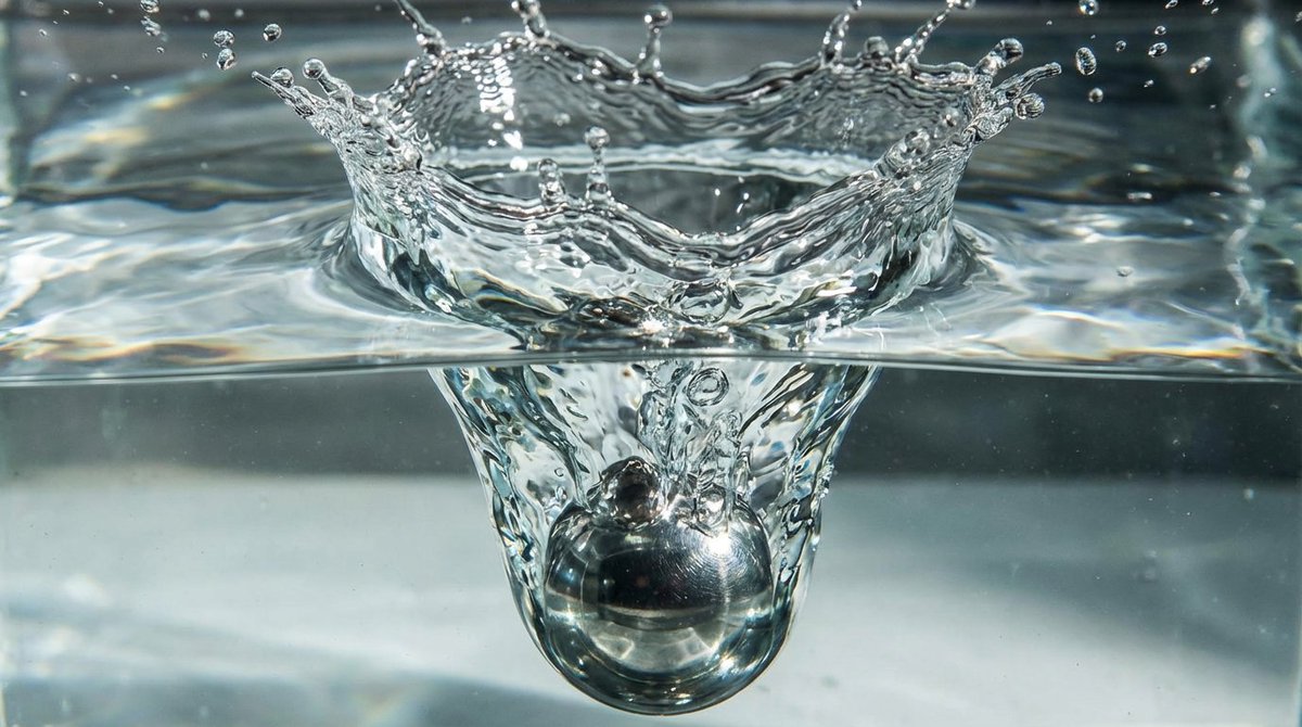 Metal ball splashing into water (slow-motion feel) — example 4